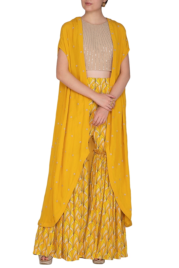 Marigold Yellow Embroidered Cape With Blouse & Printed Pants by Aashna Behl at Pernia's Pop Up Shop