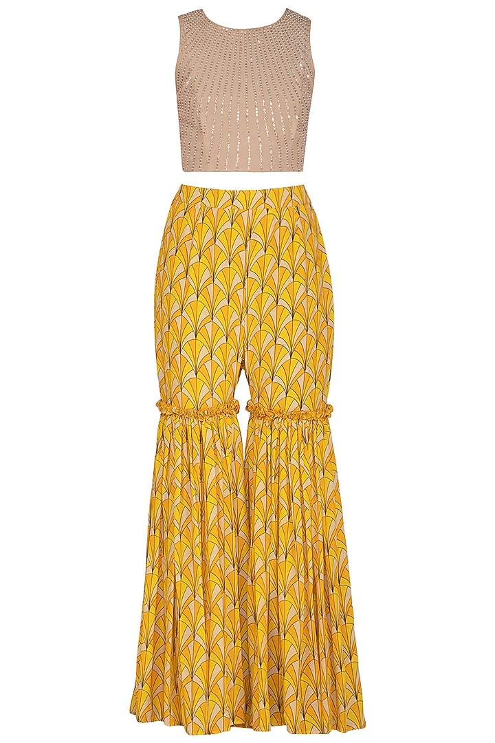 Marigold Yellow Embroidered Cape With Blouse & Printed Pants by Aashna Behl at Pernia's Pop Up Shop