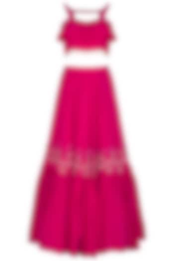 Fuchsia Pink Embroidered Ruffled Lehenga Set by Aashna Behl