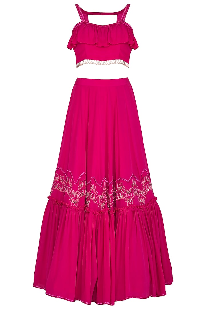 Fuchsia Pink Embroidered Ruffled Lehenga Set by Aashna Behl