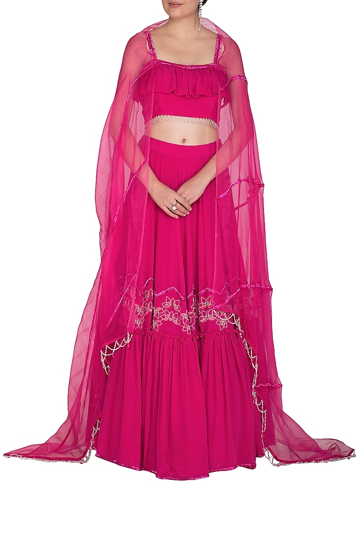 Fuchsia Pink Embroidered Ruffled Wedding Lehenga Set by Aashna Behl at Pernia's Pop Up Shop