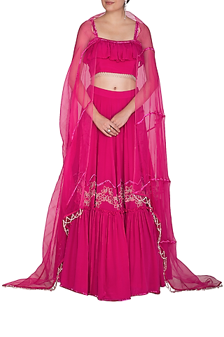 Fuchsia Pink Embroidered Ruffled Lehenga Set by Aashna Behl
