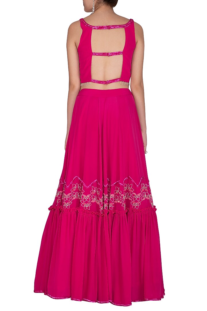 Fuchsia Pink Embroidered Ruffled Wedding Lehenga Set by Aashna Behl at Pernia's Pop Up Shop