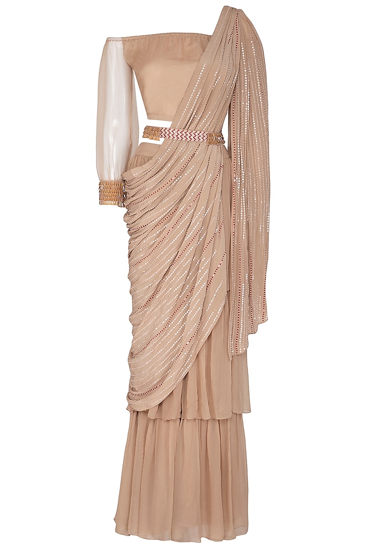 Beige Embroidered Pant Party Wear Saree Set With Belt by Aashna Behl at Pernia's Pop Up Shop