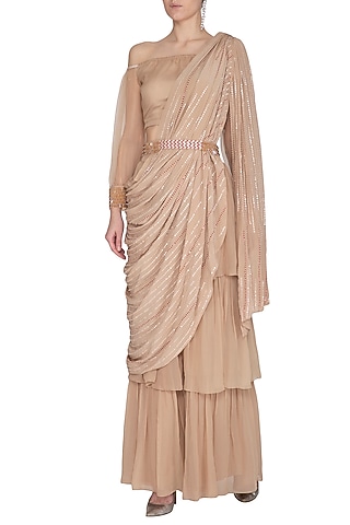 Beige Embroidered Pant Saree Set With Belt by Aashna Behl
