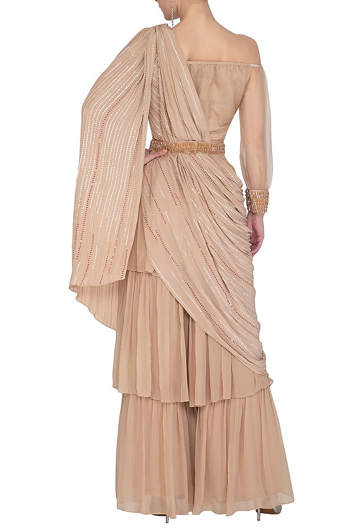 Beige Embroidered Pant Party Wear Saree Set With Belt by Aashna Behl at Pernia's Pop Up Shop
