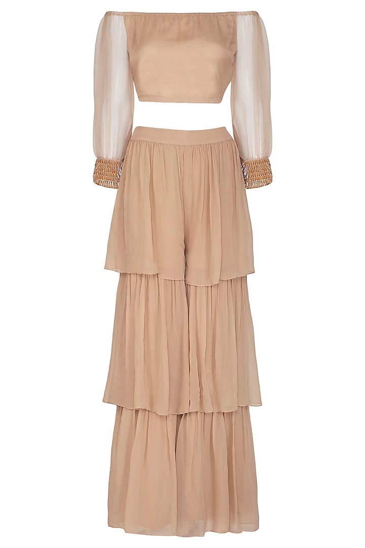 Beige Embroidered Pant Party Wear Saree Set With Belt by Aashna Behl at Pernia's Pop Up Shop