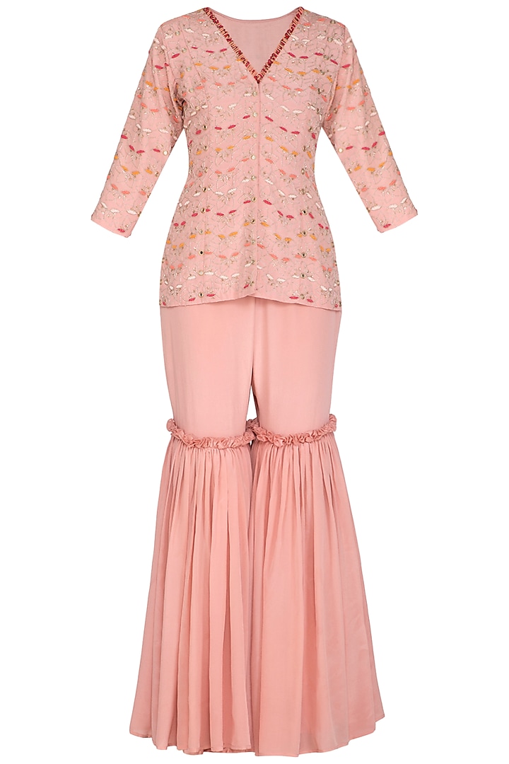 Dusty Rose Pink Embroidered Peplum Top With Gharara Pants by Aashna Behl