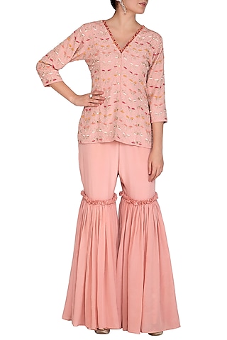 Dusty Rose Pink Embroidered Peplum Top With Gharara Pants by Aashna Behl