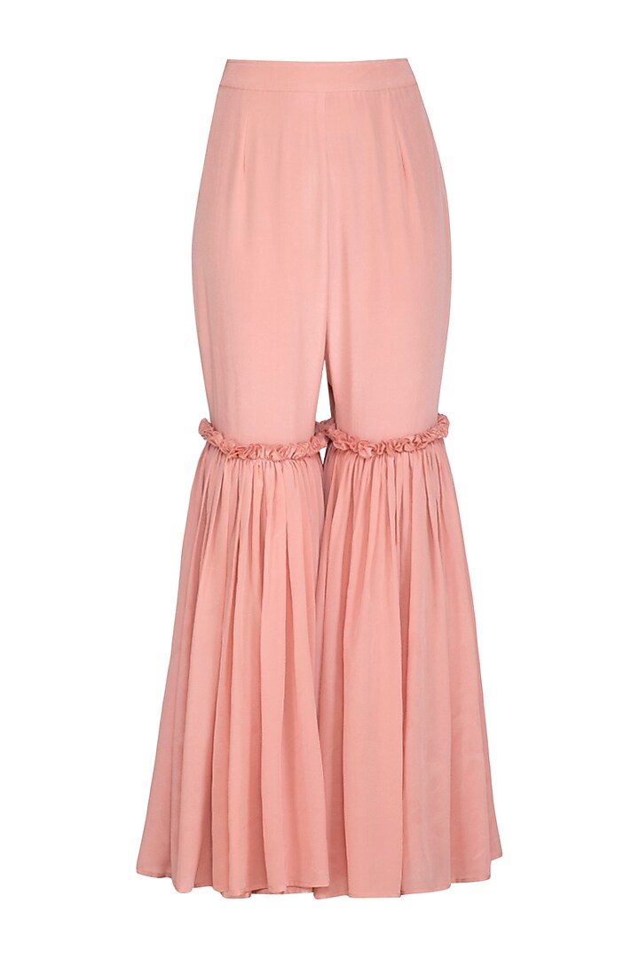 Dusty Rose Pink Embroidered Peplum Top With Gharara Pants by Aashna Behl at Pernia's Pop Up Shop