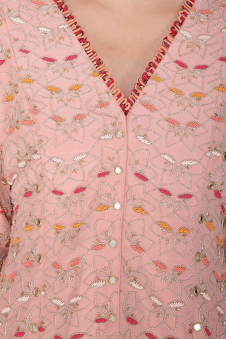 Dusty Rose Pink Embroidered Peplum Top With Gharara Pants by Aashna Behl at Pernia's Pop Up Shop