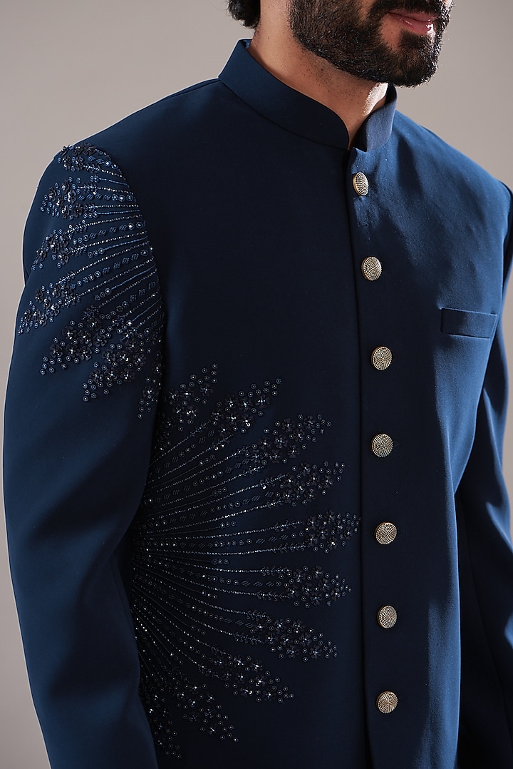 Navy Blue Japanese Lycra Wedding Indowestern Set by Annshul Aggarwal at Pernia's Pop Up Shop