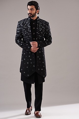 Black Japanese Lycra Indowestern Set by Annshul Aggarwal