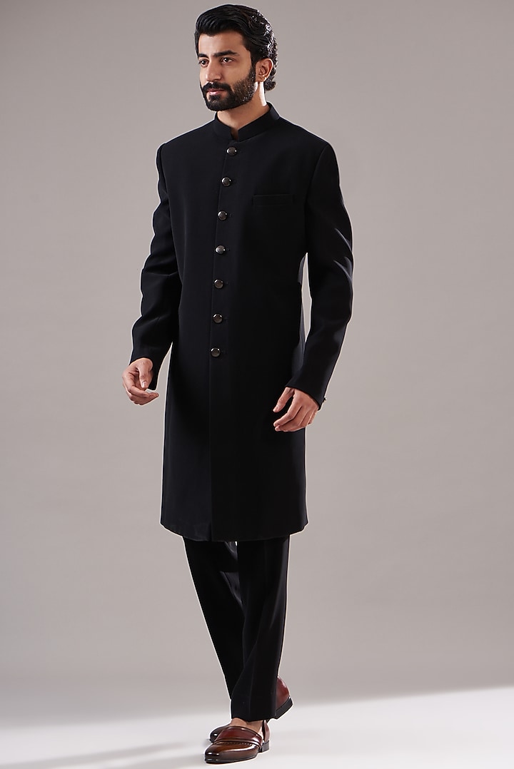Black Japanese Lycra Wedding Indowestern Set by Annshul Aggarwal at Pernia's Pop Up Shop