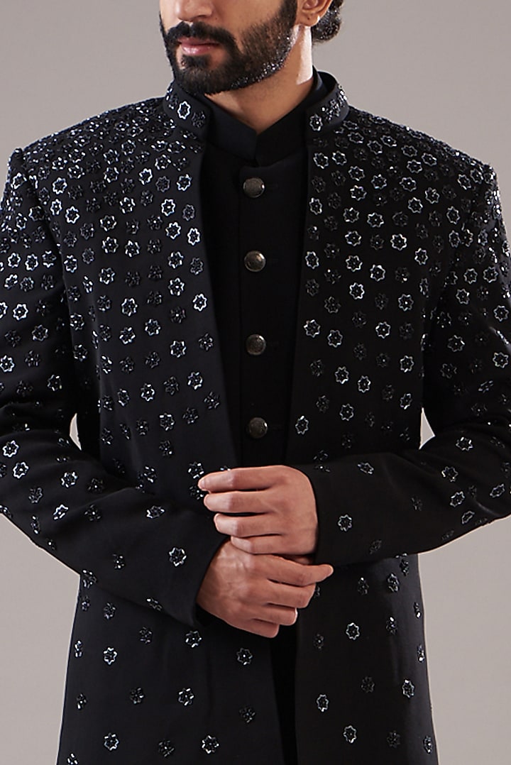 Black Japanese Lycra Wedding Indowestern Set by Annshul Aggarwal at Pernia's Pop Up Shop