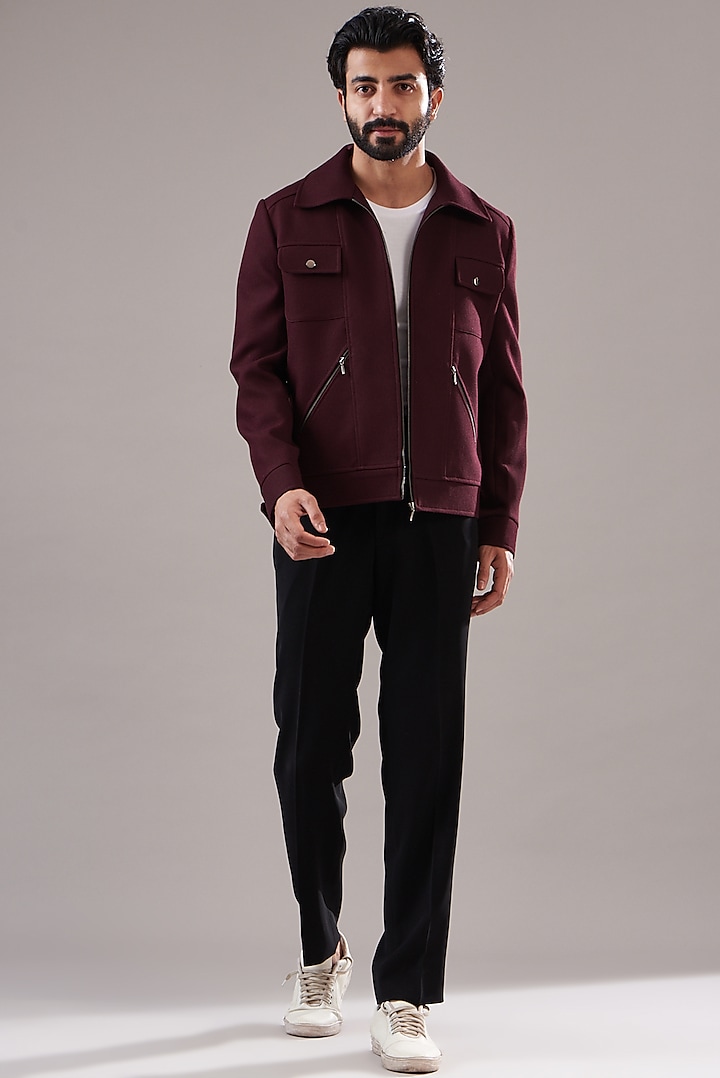 Wine Knitted Bomber Jacket by Annshul Aggarwal