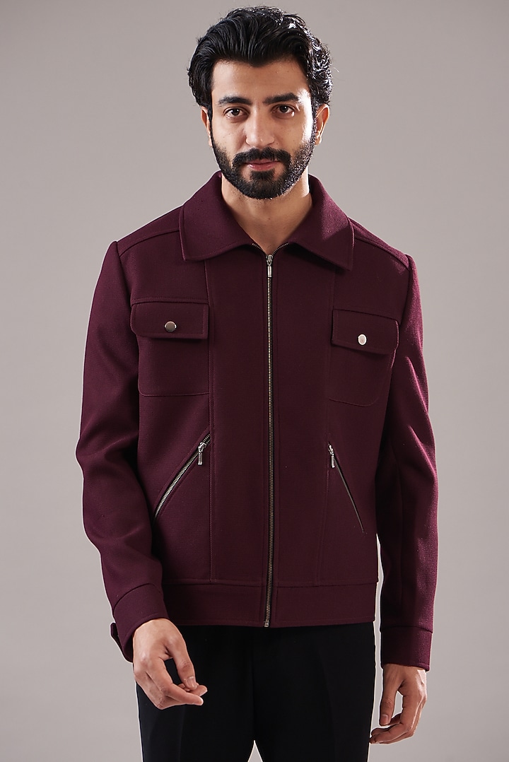 Wine Knitted Bomber Jacket by Annshul Aggarwal at Pernia's Pop Up Shop