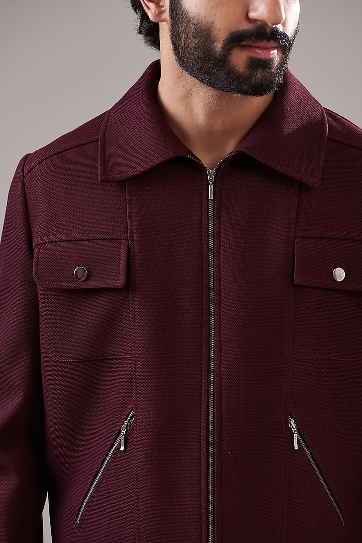Wine Knitted Bomber Jacket by Annshul Aggarwal at Pernia's Pop Up Shop