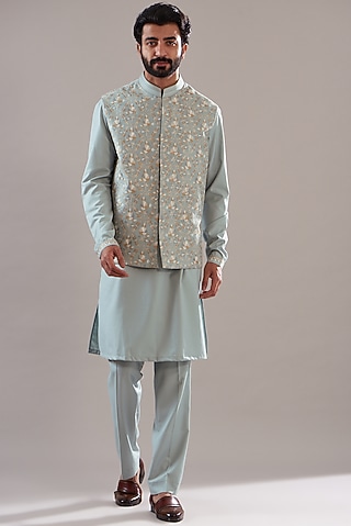 Sky Blue Silk Embroidered Bundi Set by Annshul Aggarwal