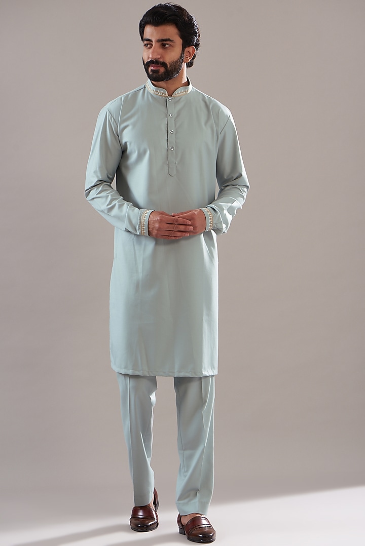 Sky Blue Silk Embroidered Bundi Set by Annshul Aggarwal at Pernia's Pop Up Shop