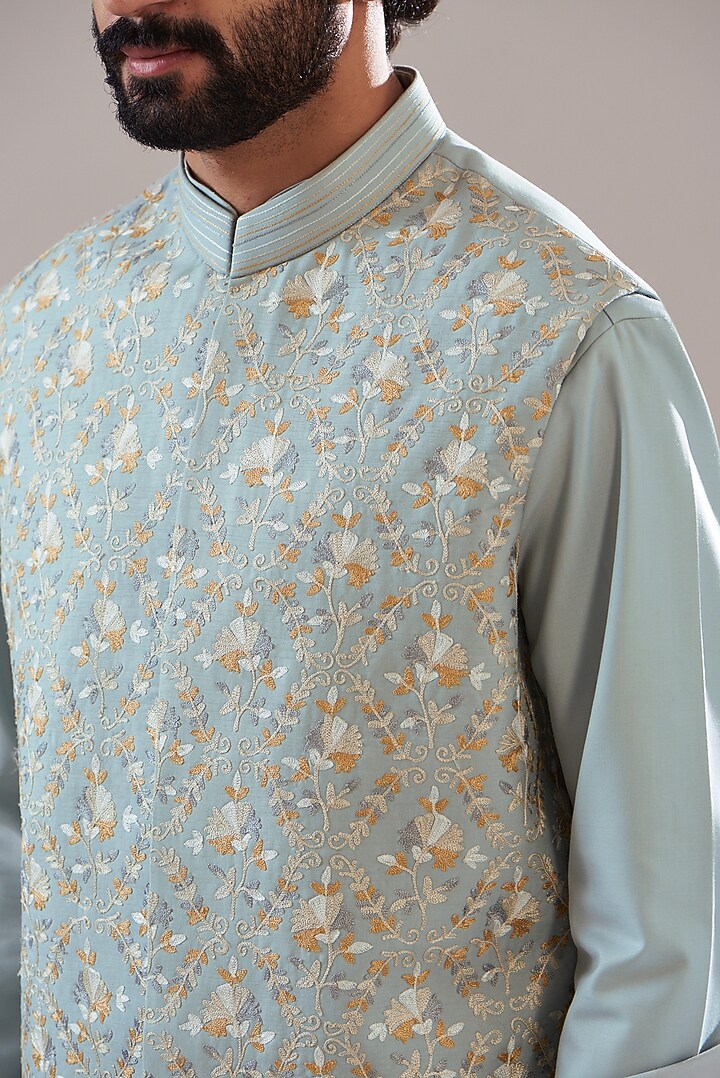 Sky Blue Silk Embroidered Bundi Set by Annshul Aggarwal at Pernia's Pop Up Shop