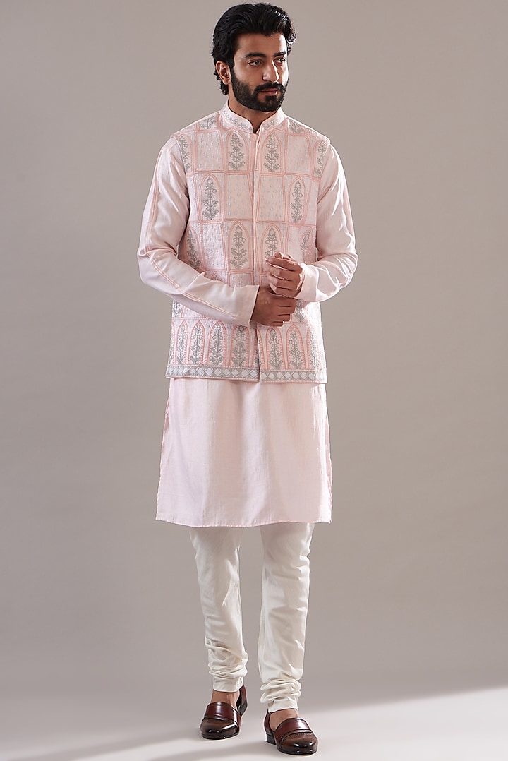 Light Pink Silk Embroidered Bundi Set by Annshul Aggarwal