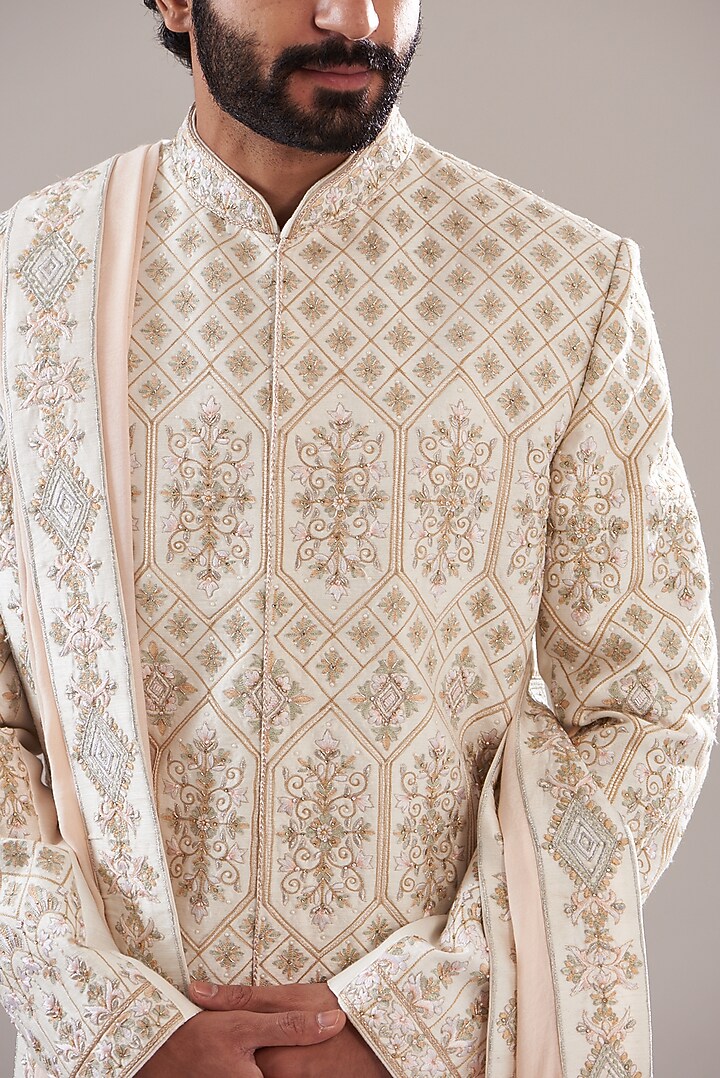 Peach Raw Silk Hand Embroidered Groom Sherwani Set by Annshul Aggarwal at Pernia's Pop Up Shop