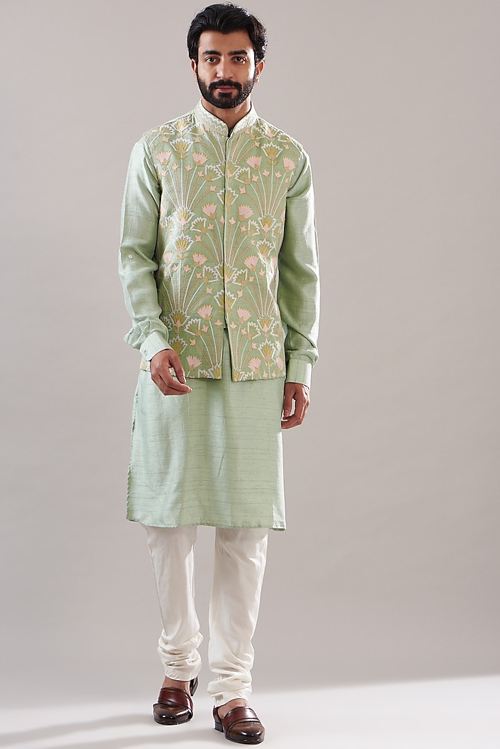 Mint Green Silk Embroidered Bundi Set by Annshul Aggarwal