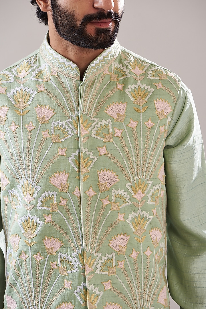 Mint Green Silk Embroidered Bundi Set by Annshul Aggarwal at Pernia's Pop Up Shop