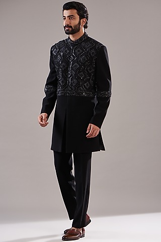 Black Hand Embroidered Indowestern Set by Annshul Aggarwal