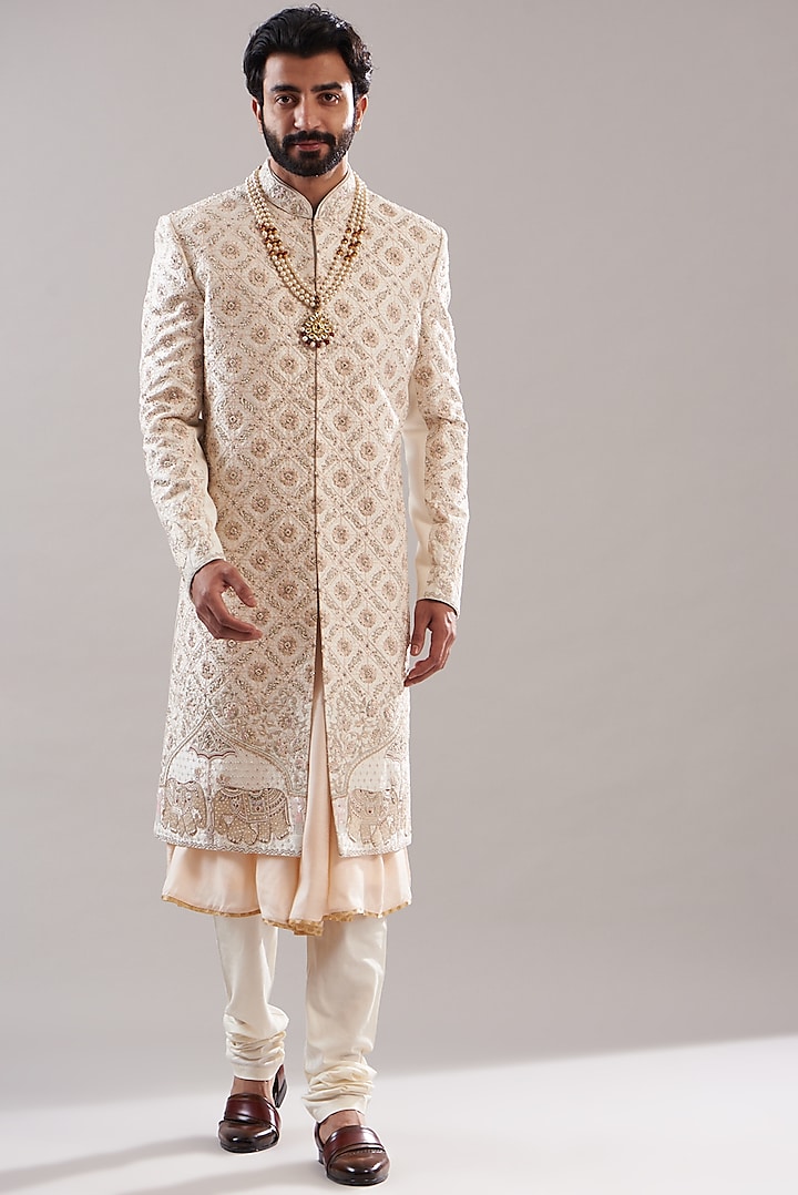 Off White Silk Hand Embroidered Sherwani Set by Annshul Aggarwal