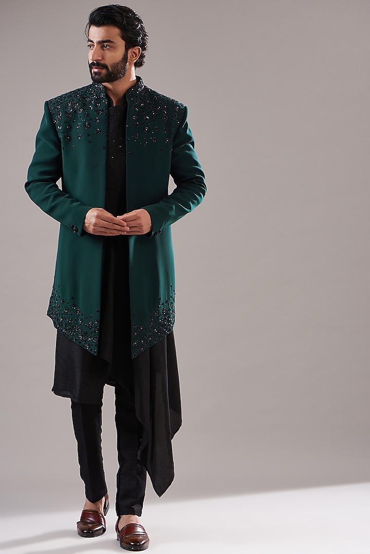 Teal Green Silk Embroidered Indowestern Set by Annshul Aggarwal