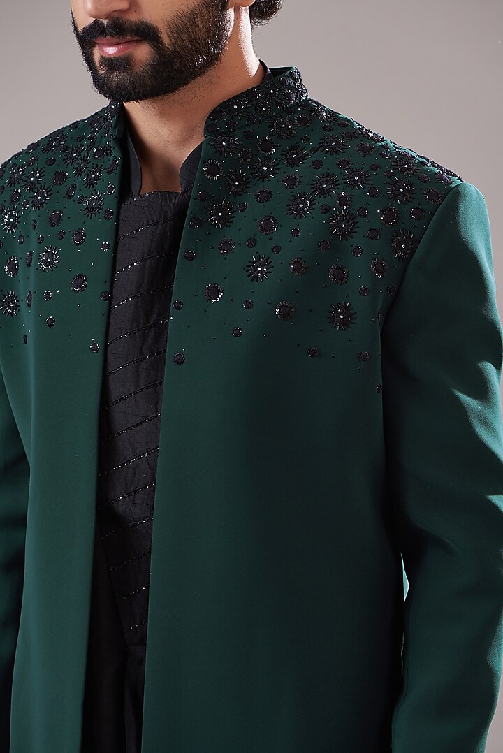 Teal Green Silk Embroidered Wedding Indowestern Set by Annshul Aggarwal at Pernia's Pop Up Shop