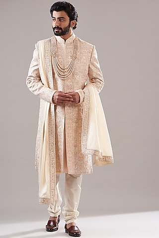 Off-White Silk Embroidered Sherwani Set by Annshul Aggarwal