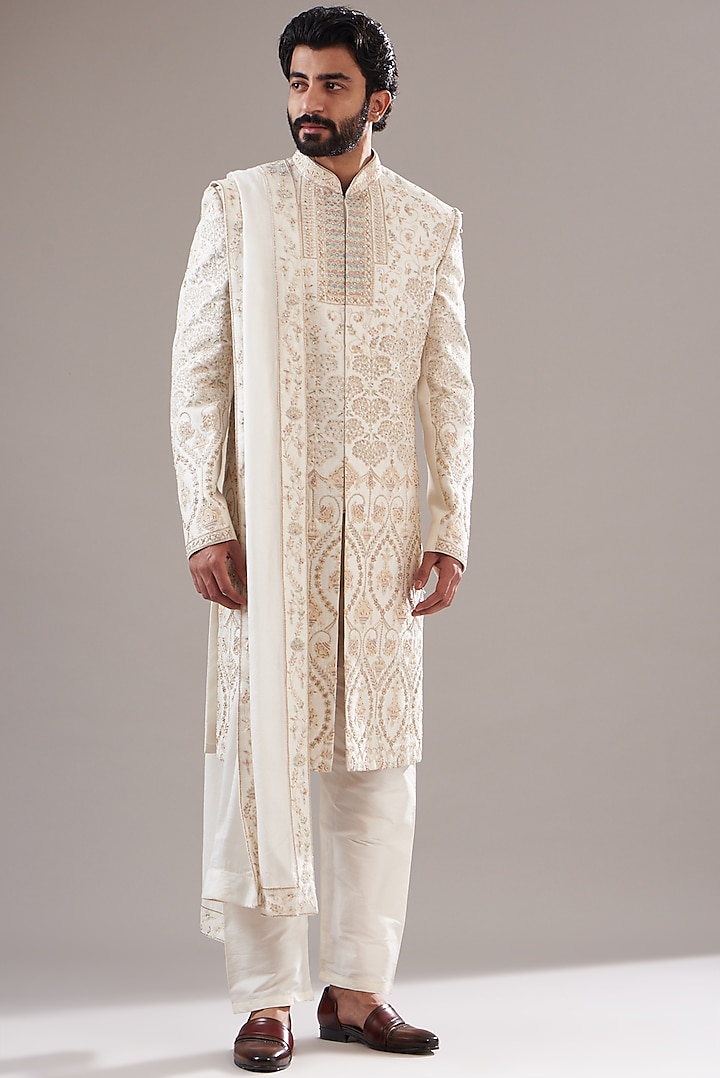 Off-White Silk Embroidered Sherwani Set by Annshul Aggarwal