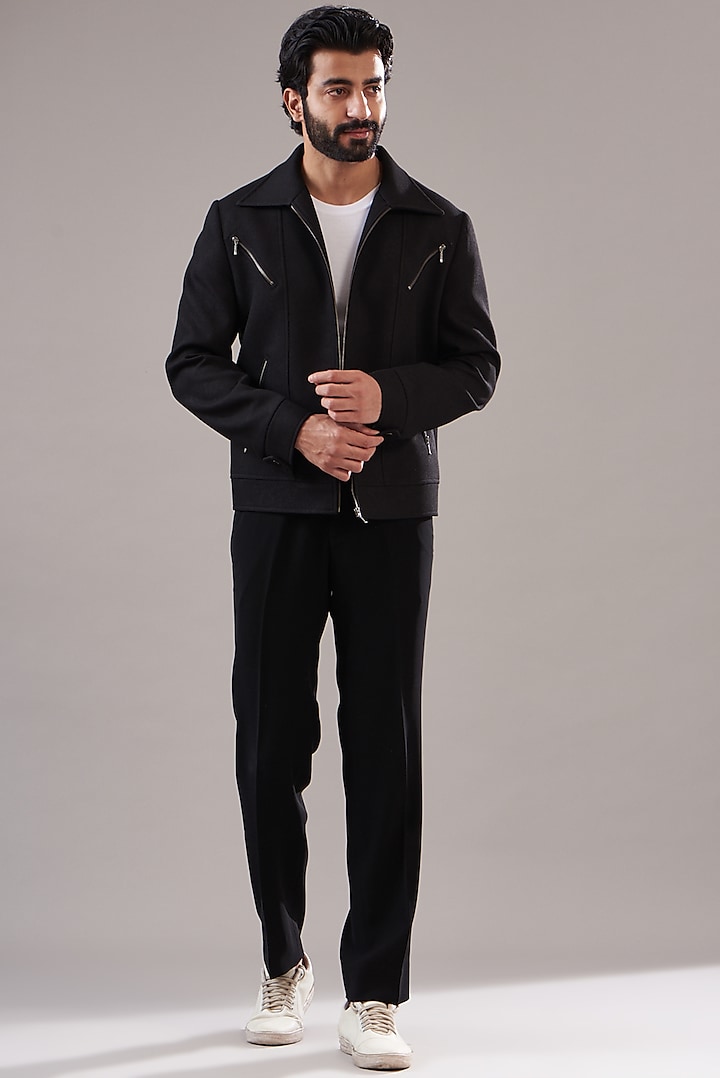 Black Knitted Bomber Jacket by Annshul Aggarwal