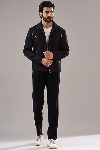 Black Knitted Bomber Jacket by Annshul Aggarwal