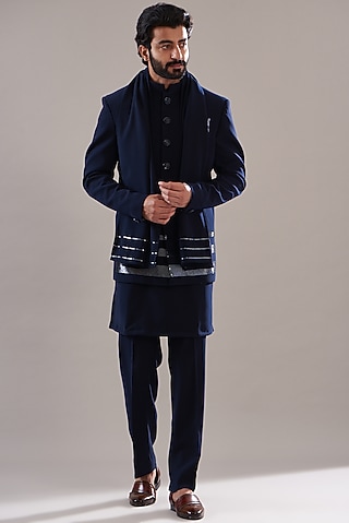 Dark Navy Blue Hand Embroidered Bandhgala Set by Annshul Aggarwal