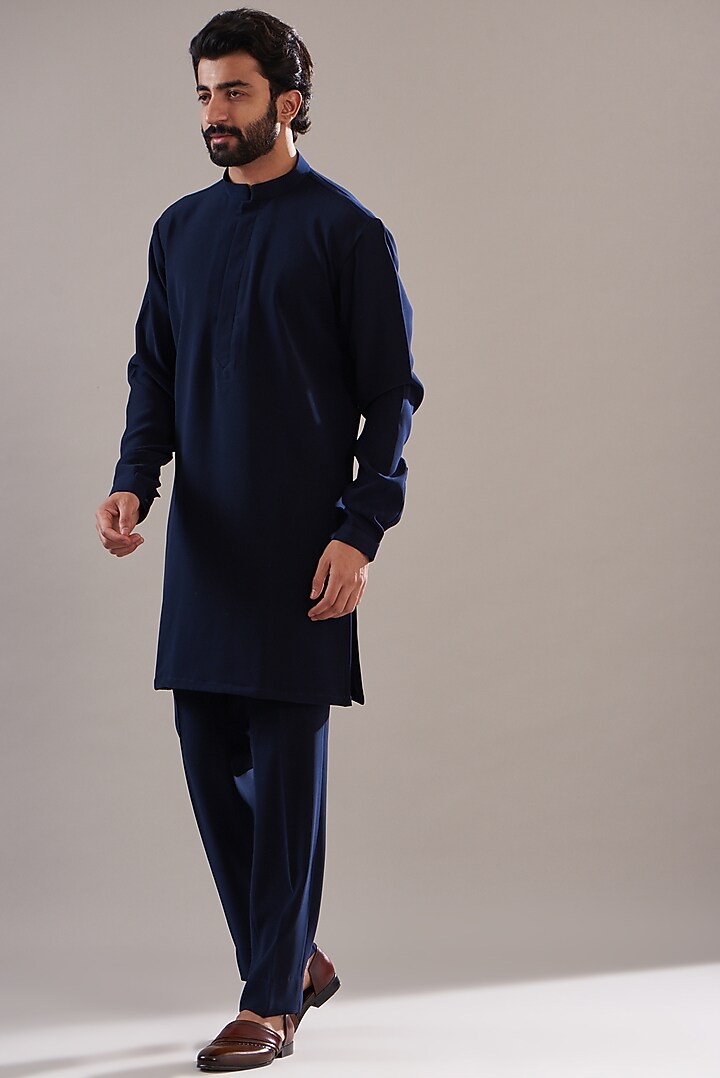 Dark Navy Blue Hand Embroidered Wedding Bandhgala Set by Annshul Aggarwal at Pernia's Pop Up Shop