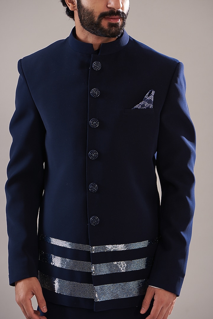 Dark Navy Blue Hand Embroidered Wedding Bandhgala Set by Annshul Aggarwal at Pernia's Pop Up Shop