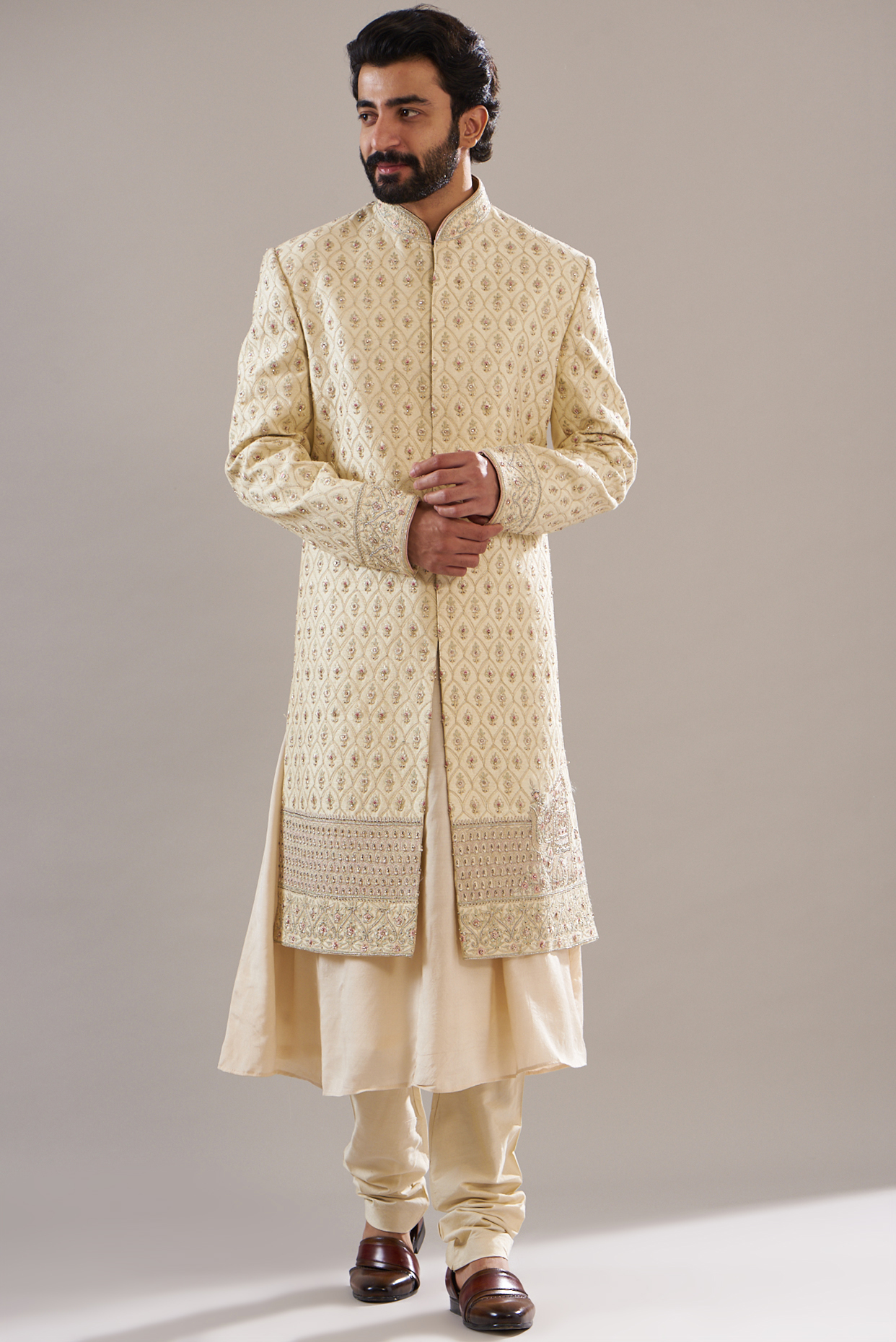 Light Beige Silk Embroidered Sherwani Set by Annshul Aggarwal