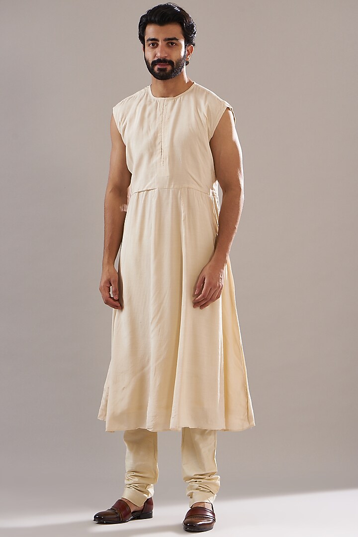 Light Beige Silk Hand Embroidered Groom Sherwani Set by Annshul Aggarwal at Pernia's Pop Up Shop