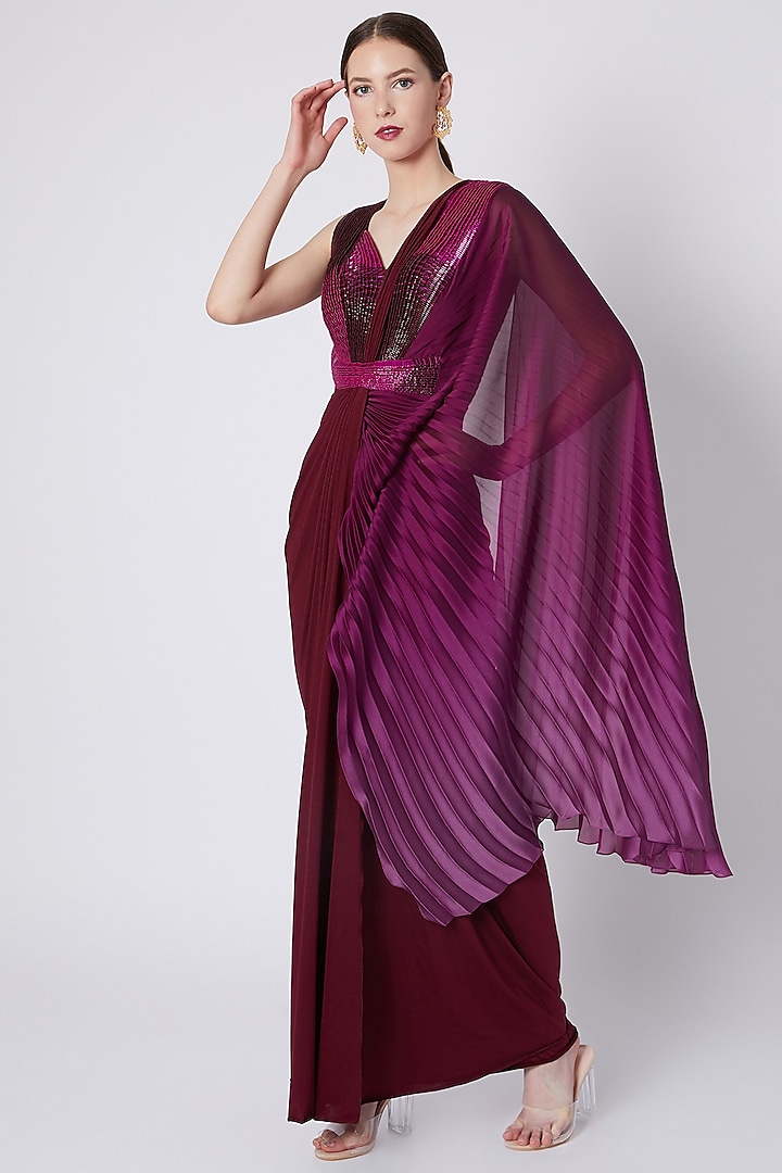 Plum Ombre Embroidered Pre-Stitched Saree by Amit Aggarwal