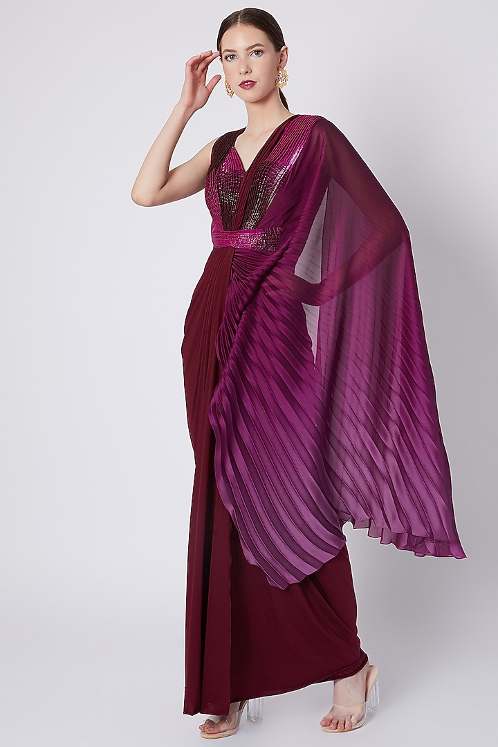Plum Ombre Embroidered Pre-Stitched Reception Saree by Amit Aggarwal at Pernia's Pop Up Shop