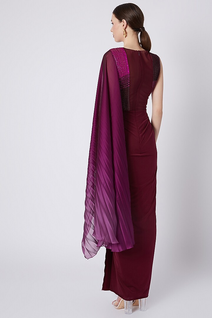Plum Ombre Embroidered Pre-Stitched Reception Saree by Amit Aggarwal at Pernia's Pop Up Shop