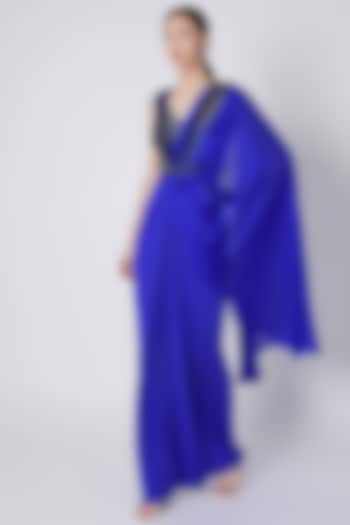 Cobalt Blue Embroidered Ombre Pre-Stitched Saree by Amit Aggarwal