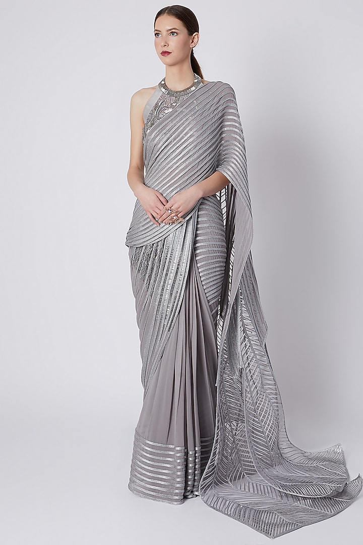 Silver Ombre Silk Satin Sequins Embroidered Pre-Stitched Bridal Saree Set by Amit Aggarwal at Pernia's Pop Up Shop
