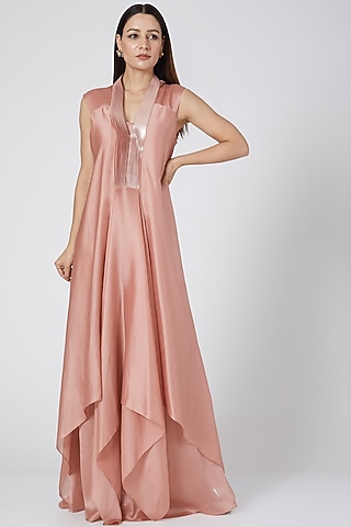 Blush Pink Chiffon Draped Maxi Dress by Amit Aggarwal