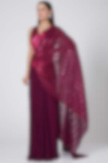 Wine Georgette Sequins Embroidered Pre-Stitched Saree Set by Amit Aggarwal