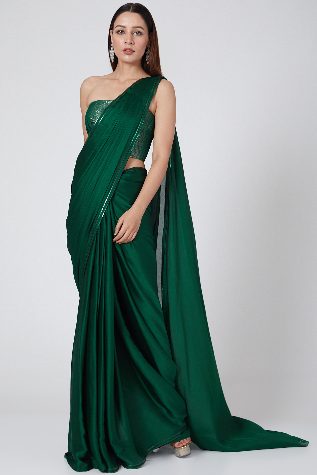 Emerald Green Saree With Metallic Bustier by Amit Aggarwal